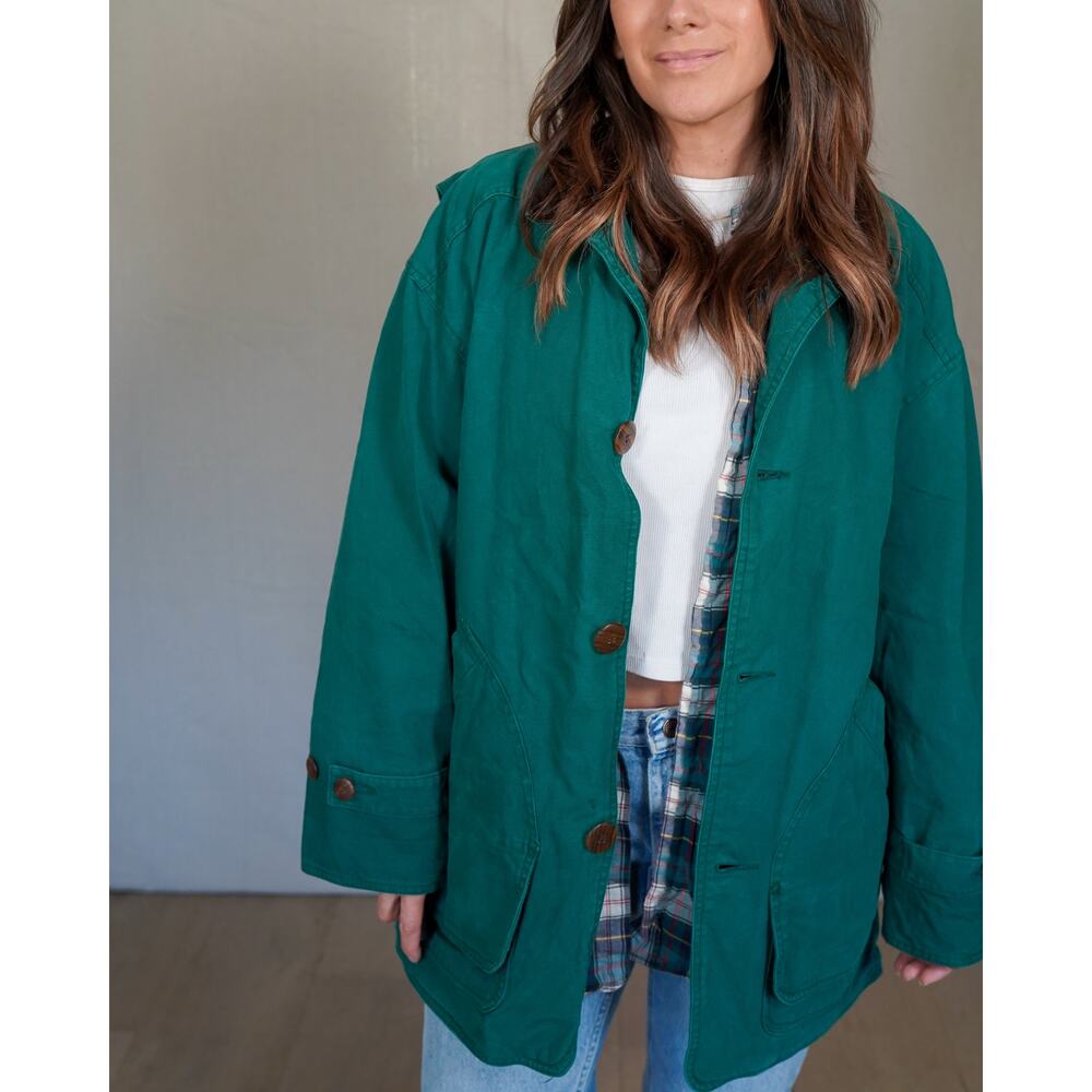 Vintage Green Barn Coat Jacket / Corduroy Collar / Chore Coat / Workwear
